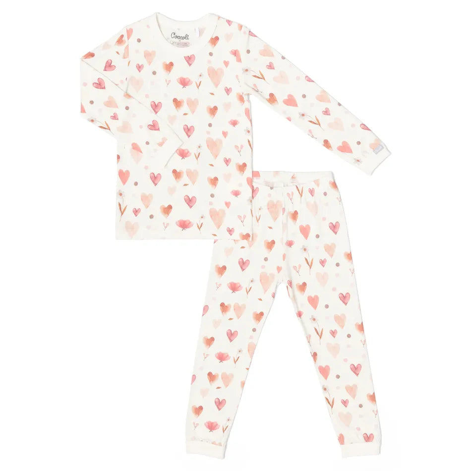 Coccoli Girls Long Sleeve Modal Pajama Set Hearts on Cream