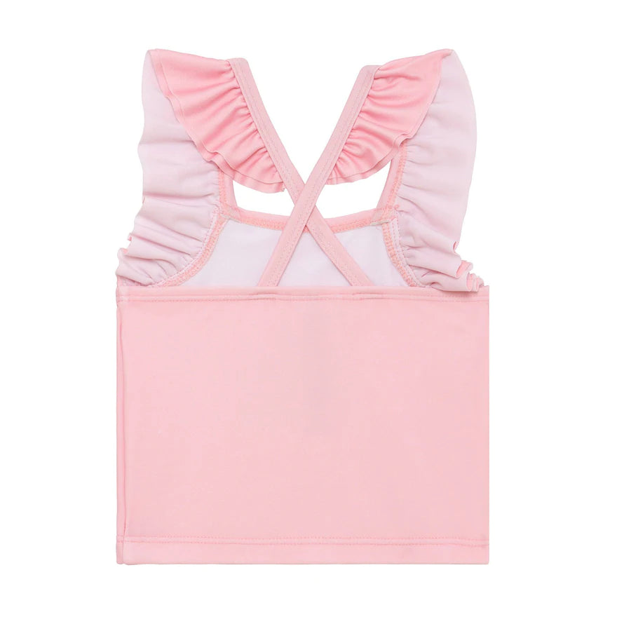 deux par deux Girls Printed Two Piece Swimsuit - Pink Stripe & Blue Roses