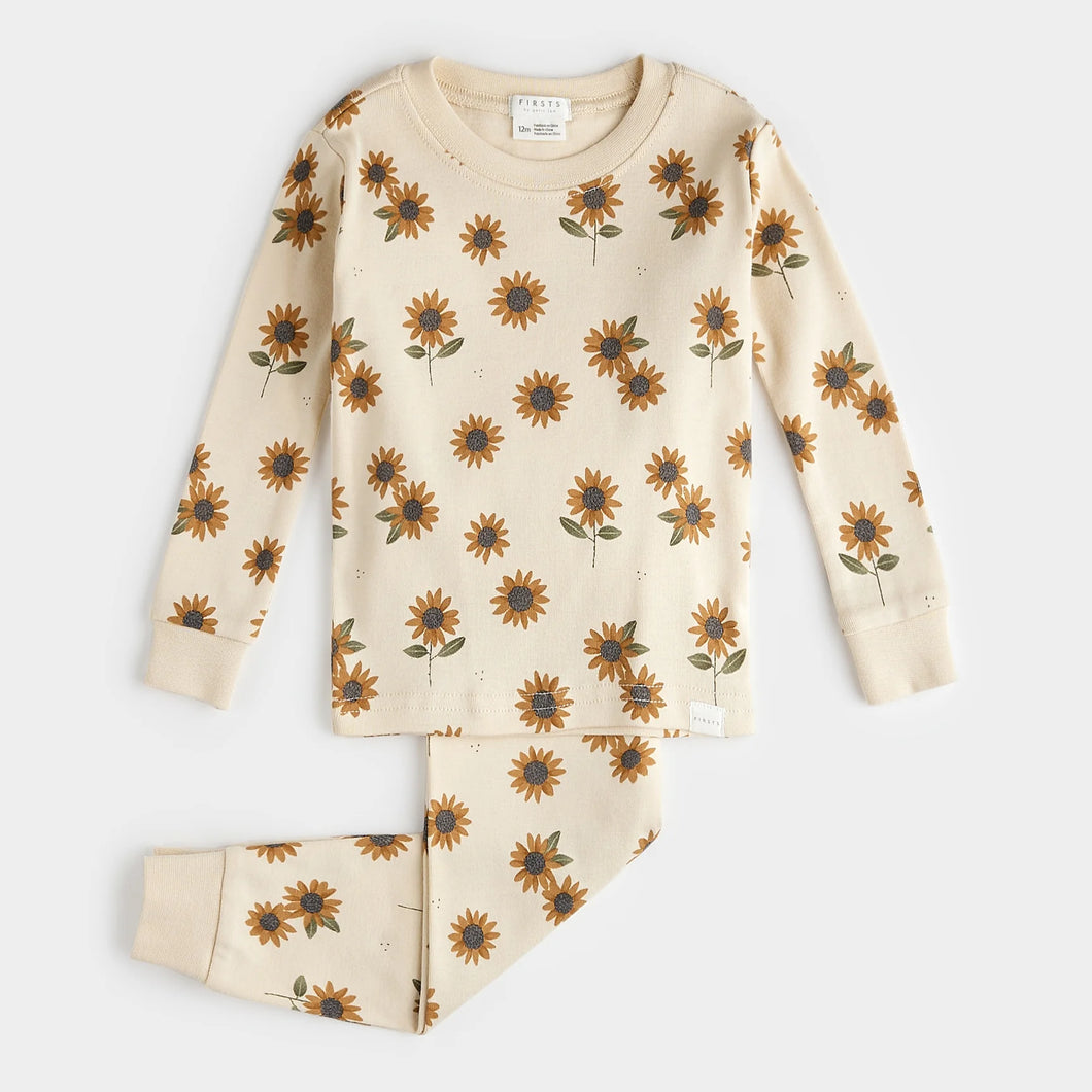 Petit Lem Girls Sunflower Print on Antique White PJ Set