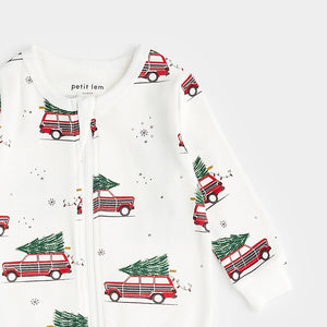 Petit Lem Baby Festive Cars Print on Off-White Sleeper