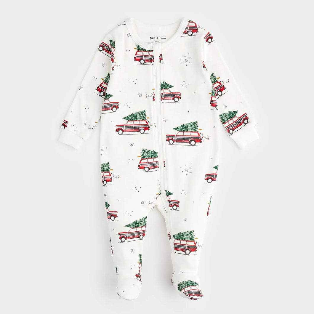 Petit Lem Baby Festive Cars Print on Off-White Sleeper