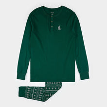 Load image into Gallery viewer, Petit Lem Men&#39;s Festive Firs on Evergreen Henley PJ Set
