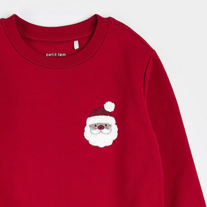 Petit Lem Embroidered Santa on Scarlet Fleece Sweatshirt