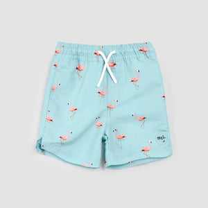 Miles the Label Boys Flamingo Print on Canal Blue Swim Trunks