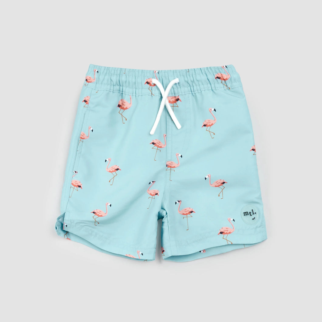 Miles the Label Boys Flamingo Print on Canal Blue Swim Trunks