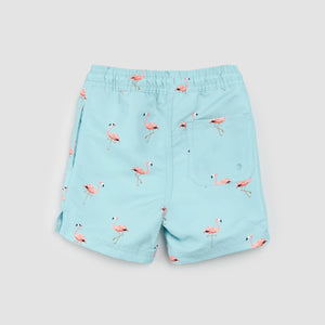 Miles the Label Boys Flamingo Print on Canal Blue Swim Trunks