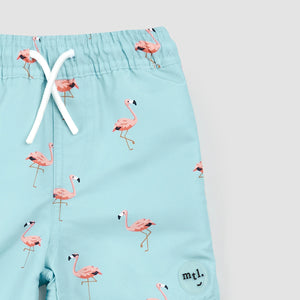 Miles the Label Boys Flamingo Print on Canal Blue Swim Trunks