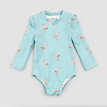 Load image into Gallery viewer, Miles the Label Girls Flamingo Print on Canal Blue Long Sleeve Swimsuit
