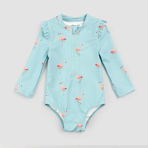 Miles the Label Girls Flamingo Print on Canal Blue Long Sleeve Swimsuit