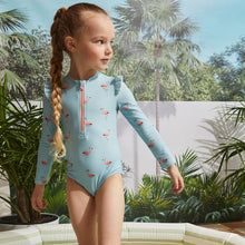 Load image into Gallery viewer, Miles the Label Girls Flamingo Print on Canal Blue Long Sleeve Swimsuit
