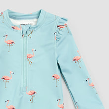 Load image into Gallery viewer, Miles the Label Girls Flamingo Print on Canal Blue Long Sleeve Swimsuit
