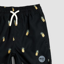 Load image into Gallery viewer, Miles the Label Boys Pineapple Print on Black Swim Trunks
