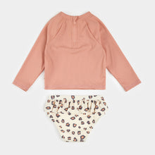 Load image into Gallery viewer, Petit Lem Girls Ribbed Long Sleeve Fiery Coral &amp; Leopard Rashguard Set
