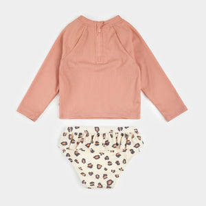 Petit Lem Girls Ribbed Long Sleeve Fiery Coral & Leopard Rashguard Set