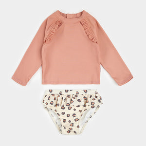 Petit Lem Girls Ribbed Long Sleeve Fiery Coral & Leopard Rashguard Set