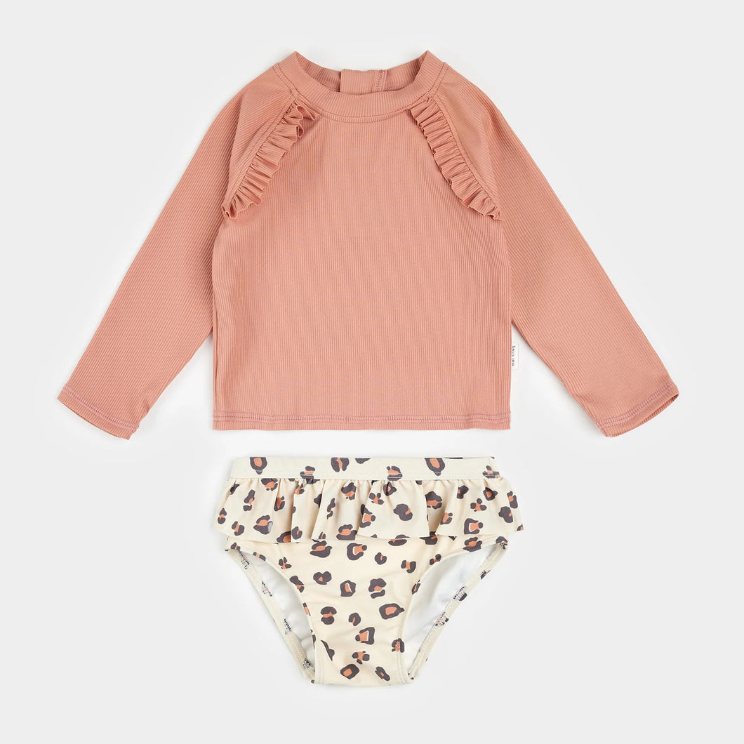 Petit Lem Girls Ribbed Long Sleeve Fiery Coral & Leopard Rashguard Set