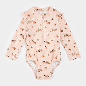 Petit Lem Girls Oranges Print on Crème Tan Long Sleeve One-Piece Swimsuit