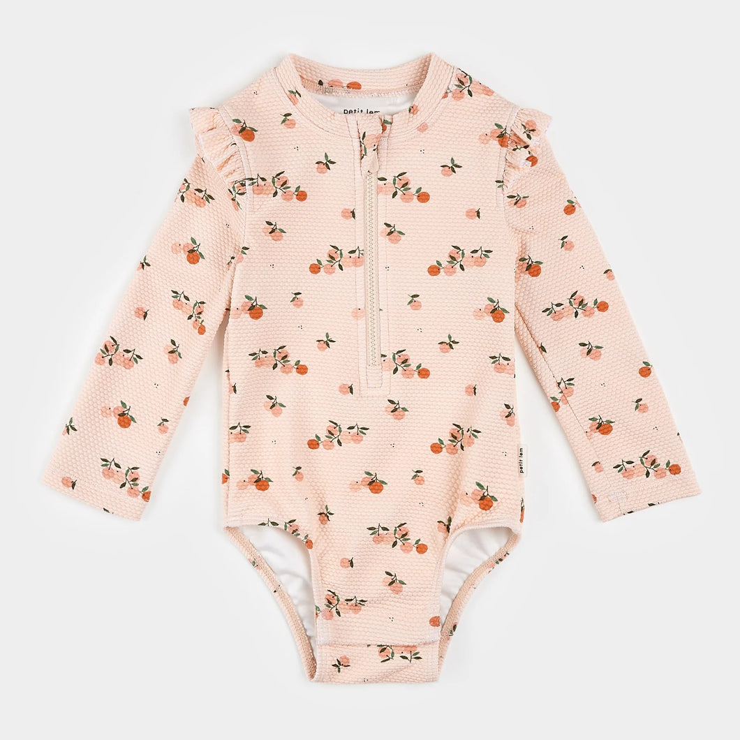 Petit Lem Girls Oranges Print on Crème Tan Long Sleeve One-Piece Swimsuit