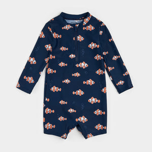 Petit Lem Baby Boys Clownfish Print on Dress Blues Long-Sleeve Swim Romper