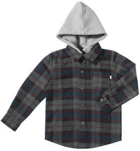 Me & Henry Boys Erin Hooded Shirt - Blue/Grey Plaid