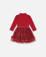 Load image into Gallery viewer, deux par deux Girls Bi-Material Mock Neck Dress With Glittering Tulle Skirt - Rumba Red
