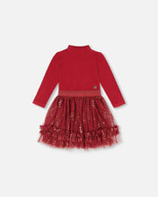 Load image into Gallery viewer, deux par deux Girls Bi-Material Mock Neck Dress With Glittering Tulle Skirt - Rumba Red
