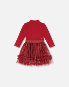 deux par deux Girls Bi-Material Mock Neck Dress With Glittering Tulle Skirt - Rumba Red