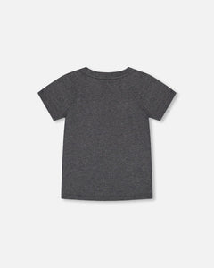 deux par deux Boys Short Sleeve Organic Jersey T-Shirt - Dark Grey Printed Faces