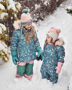 deux par deux Girls Two Piece Snowsuit - Silver Pink Printed Woodland Animals