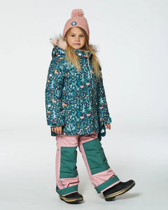 deux par deux Girls Two Piece Snowsuit - Silver Pink Printed Woodland Animals