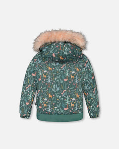 deux par deux Girls Two Piece Snowsuit - Silver Pink Printed Woodland Animals