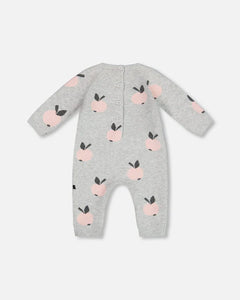 deux par deux Baby Girls Knitted Jacquard Jumpsuit - Gray With Apples