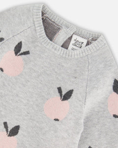 deux par deux Baby Girls Knitted Jacquard Jumpsuit - Gray With Apples