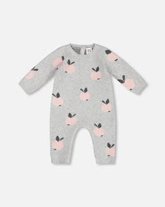 deux par deux Baby Girls Knitted Jacquard Jumpsuit - Gray With Apples