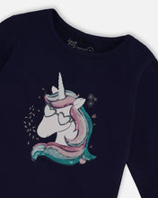 Load image into Gallery viewer, deux par deux Girls Organic Cotton T-Shirt With Unicorn Print - Navy
