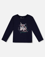 Load image into Gallery viewer, deux par deux Girls Organic Cotton T-Shirt With Unicorn Print - Navy
