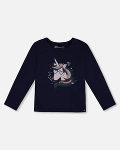 deux par deux Girls Organic Cotton T-Shirt With Unicorn Print - Navy