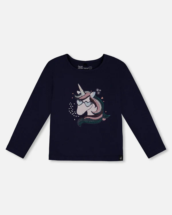 deux par deux Girls Organic Cotton T-Shirt With Unicorn Print - Navy