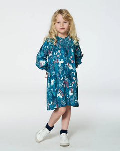 deux par deux Girls Puffy Long Sleeve Viscose Dress - Turquoise Printed Fairy Unicorn