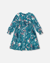 Load image into Gallery viewer, deux par deux Girls Puffy Long Sleeve Viscose Dress - Turquoise Printed Fairy Unicorn
