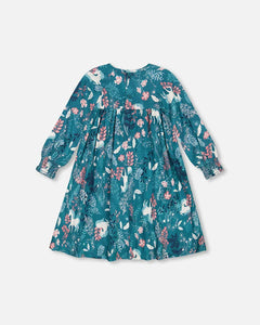 deux par deux Girls Puffy Long Sleeve Viscose Dress - Turquoise Printed Fairy Unicorn