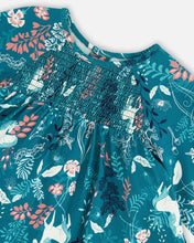 Load image into Gallery viewer, deux par deux Girls Puffy Long Sleeve Viscose Dress - Turquoise Printed Fairy Unicorn
