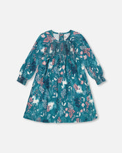 Load image into Gallery viewer, deux par deux Girls Puffy Long Sleeve Viscose Dress - Turquoise Printed Fairy Unicorn
