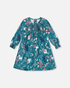 deux par deux Girls Puffy Long Sleeve Viscose Dress - Turquoise Printed Fairy Unicorn