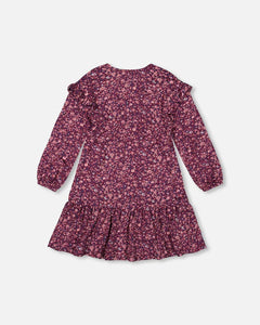 deux par deux Girls Dress w/Frills - Burgundy Printed Little Flowers