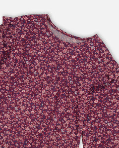 deux par deux Girls Dress w/Frills - Burgundy Printed Little Flowers