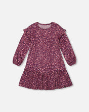 Load image into Gallery viewer, deux par deux Girls Dress w/Frills - Burgundy Printed Little Flowers
