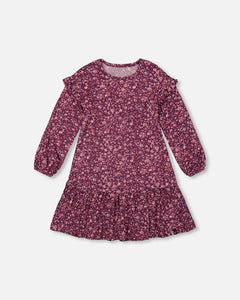 deux par deux Girls Dress w/Frills - Burgundy Printed Little Flowers