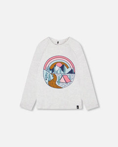 deux par deux Girls Raglan Sleeve T-Shirt With Mountain Print - Light Blue Mix