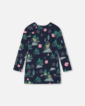 Load image into Gallery viewer, deux par deux Girls Long Sleeve Tunic With Pocket - Navy Printed Bambi
